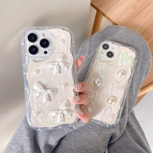 Coque De Téléphone TPU 3D Résine Crème Künstliche Perle Nœud Cœur Laser Antichoc Bord Ondulé Doux Luxe Pour Femmes Filles