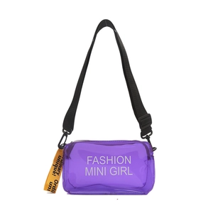 Mini borsa a tracolla gelatina viola trasparente con cinturino giallo e testo moda
