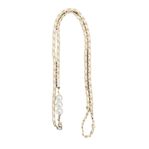 Crossbody phone strap with gold chain, white leather weave and pearl accents
