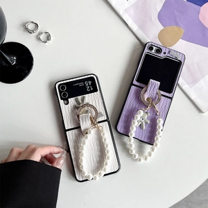 Crocodile texture phone case for Samsung Z Flip 5 with pearl handle and bear charm