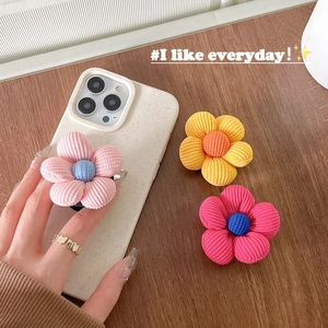 Support de téléphone en velours côtelé 3D en forme de fleurs roses et jaunes