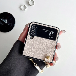 Beige lychee leather folding phone case with gold chain strap for Samsung Galaxy Z Flip
