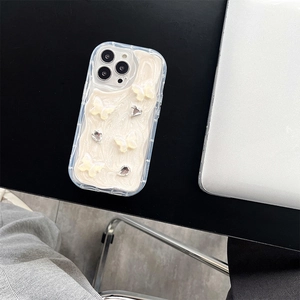 Pink 3D butterfly phone case with rhinestones for iPhone 17 Pro in creamy marble finish