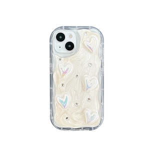 Custodia per iPhone 16 bianca con cuori iridescenti, strass e trama ondulata