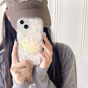 Pearlescent iPhone case with 3D yellow shell, pearls and glitter sequins decoration