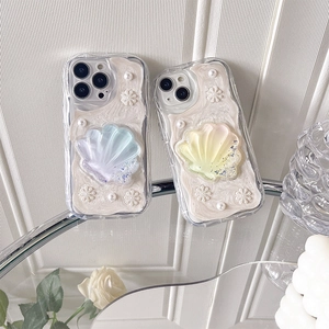 Luxury iPhone pearl shell case with glitter liquid grip and wavy cream texture art