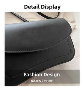 Close-up of black PU leather square bag showing detailed stitching and flap texture