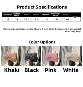 Size chart showing PU leather square bag dimensions with heart stitching details