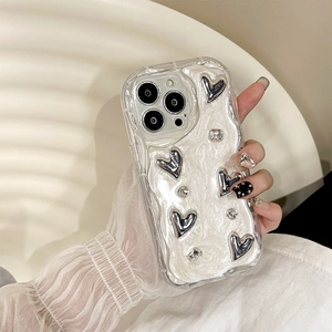 Silver bow heart iPhone case with pearlescent texture and rhinestone accents