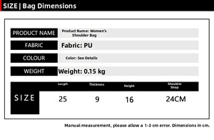 Size chart for chic PU tote bag with dimensions 25x9x16cm and strap detail