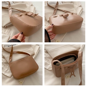 Detailed views showing interior lining, brown PU leather texture, and drawstring design