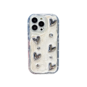 Silver bow heart iPhone case with pearl texture and rhinestones for 16 Pro Max