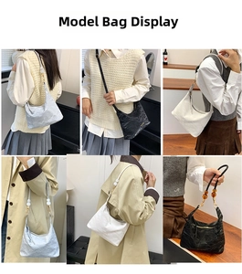 Detailed views of crescent shoulder bag with pleated texture and bead strap accents