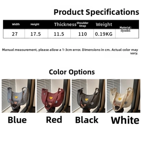Detailed size chart and four-color display of hobo bags with heart decoration