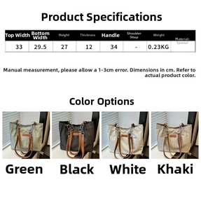 Size chart for women's large tote bag showing dimensions and four available colors