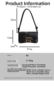 Detailed dimensions and specs for the black PU leather shoulder bag with gold M-buckle