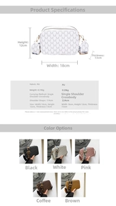 Detailed size specifications and color options for the printed square crossbody bag