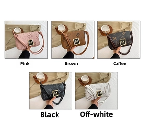 Collage of chic leather shoulder bags in five colors with metal M buckle and letter print