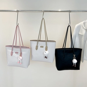 Women Pu Leather Tote Bag Embossed Cartoon Pattern Large Capacity Shoulder Handbag With Cute Plush Charm Korean Style