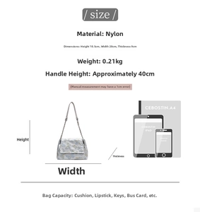 Size guide for nylon shoulder bag with blue butterfly print and chain strap specs
