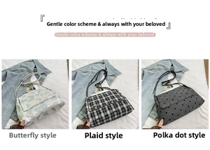 Three shoulder bags with butterfly, checkered, and polka dot prints on denim background