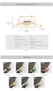Detailed size specifications for the mini PU leather chain bag in various colors