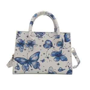 Borsa a tracolla bianca con farfalle blu e stampe di costellazioni e finiture dorate