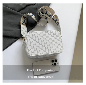 Detailed top view of white crossbody bag with M-pattern strap next to a smartphone