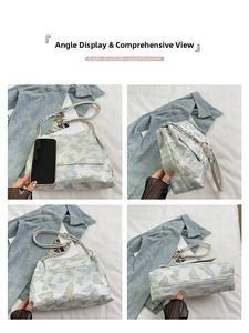 Detailed four-view display of embroidered butterfly shoulder bag with metal chain strap