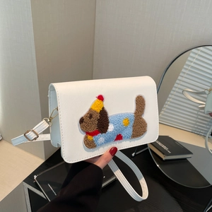 Minimale weiße Crossbody-Tasche aus Leder mit niedlicher Welpenstickerei und Gurt