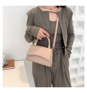 Detail of crocodile pattern flap and woven handle on beige square crossbody bag