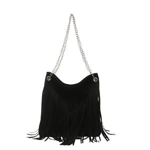 Bohemian black fringe shoulder bag with silver chain strap on white background