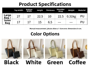 Detaillierte Größentabelle und mehrfarbiges PU-Leder Shopper-Set mit Maßen der Innentasche