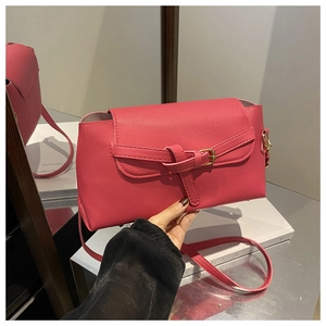 Detailed view of the dark pink leather flap handbag with decorative buckle and strap