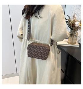 Brown monogram square crossbody bag with wide jacquard strap and double zip closures