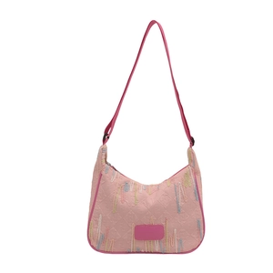 Pink nylon underarm bag featuring FF embossed pattern and colorful wave embroidery