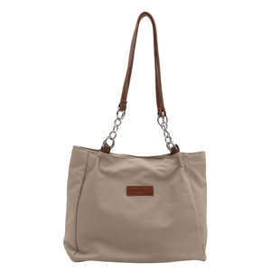 Beige nylon tote bag with brown leather handles and silver chain detail on white background