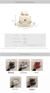 Detailed size chart and specifications for the PU leather bow crossbody bag with chain