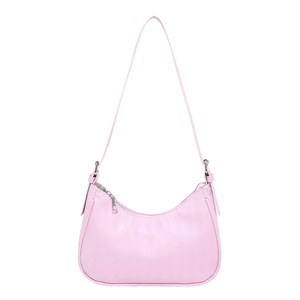 Pink quilted shoulder bag with silver hardware and sleek crescent design for women