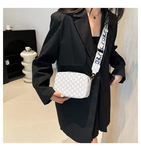 Chic white crossbody bag with M-letter print and stylish blue-white woven strap