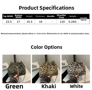 Detailed size chart and dimensions for the leopard print bucket bag with chain strap