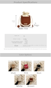 Detailed spec sheet showing size 11x11x12cm and five colors of pearl handle bucket bags