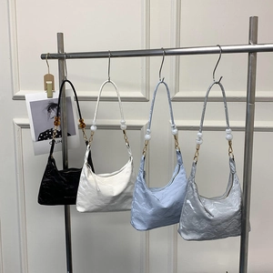 Hobo Shoulder Bag Pleated PU Leather Artificial Pearl Bead Strap Fashion Casual Underarm Tote For Women