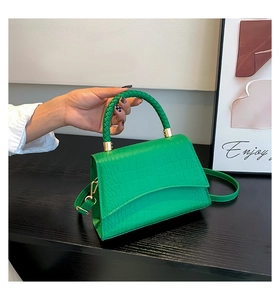 Detail of green crocodile texture handbag with woven handle and gold hardware