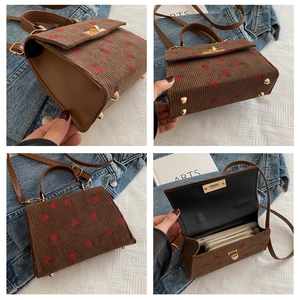 Detailed four-view collage of brown corduroy crossbody bag with strawberry embroidery