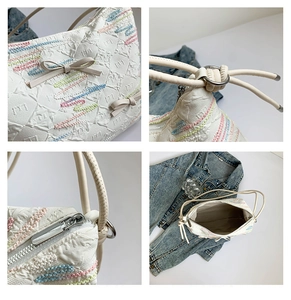 Detailed views of white textured fabric bag featuring colorful embroidery and bow accents
