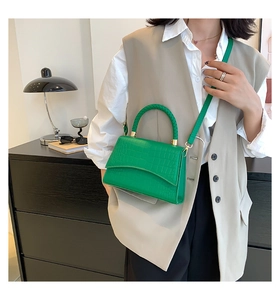 Detail of green crocodile texture handbag featuring woven handle and gold hardware