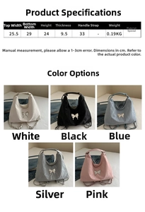 Size chart and dimensions for the casual tote bag with metallic butterfly buckle detail