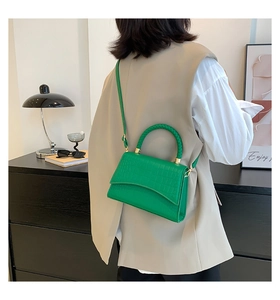 Detailed back view of a green crocodile embossed handbag with woven handle and gold hardware