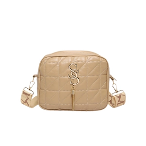 Chic quilted beige crossbody camera bag with gold SS logo and wide lettered strap